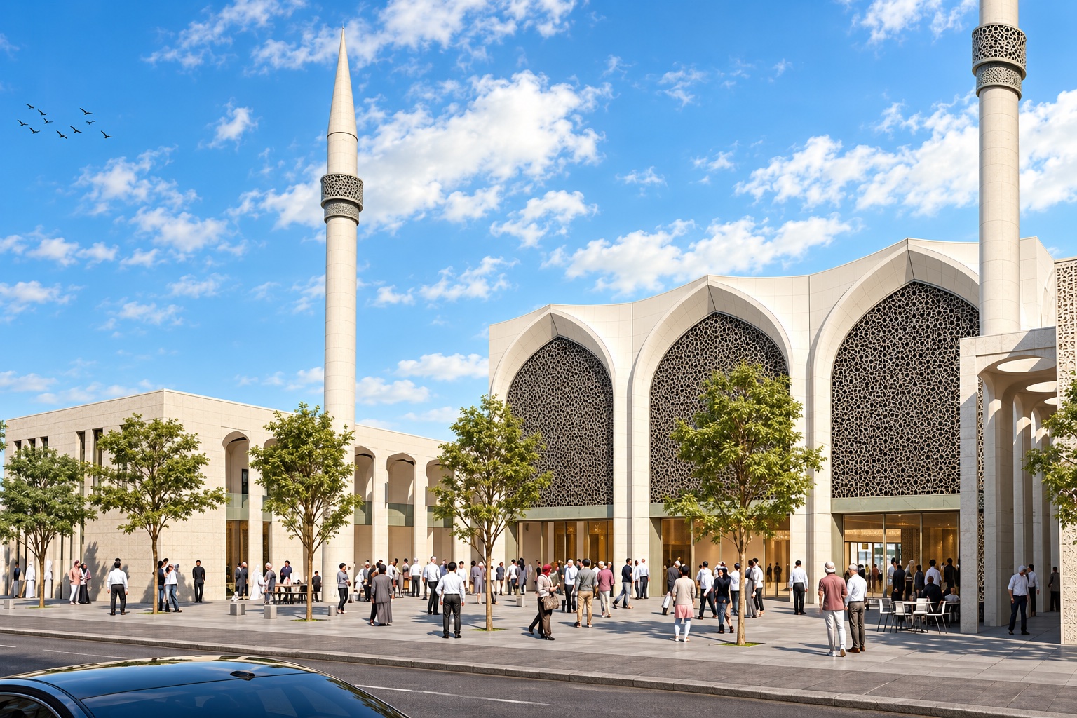 Visualisierung: neue Zentralmoschee Feuerbach mit drei Bögen, zwei Minaretten und Vorplatz